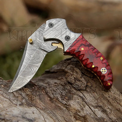 White Hills Knives 7" Handmade Forged Damascus Pocket Folding Knife - Red Pakka Wood Handle - Damascus Bolster WH 3534 - Angler's Pro Tackle & Outdoors