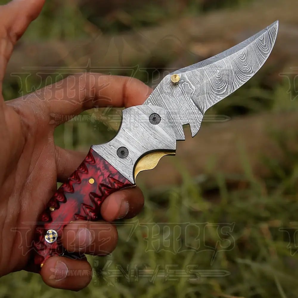 White Hills Knives 7" Handmade Forged Damascus Pocket Folding Knife - Red Pakka Wood Handle - Damascus Bolster WH 3534 - Angler's Pro Tackle & Outdoors