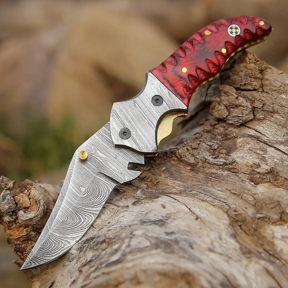 White Hills Knives 7" Handmade Forged Damascus Pocket Folding Knife - Red Pakka Wood Handle - Damascus Bolster WH 3534 - Angler's Pro Tackle & Outdoors