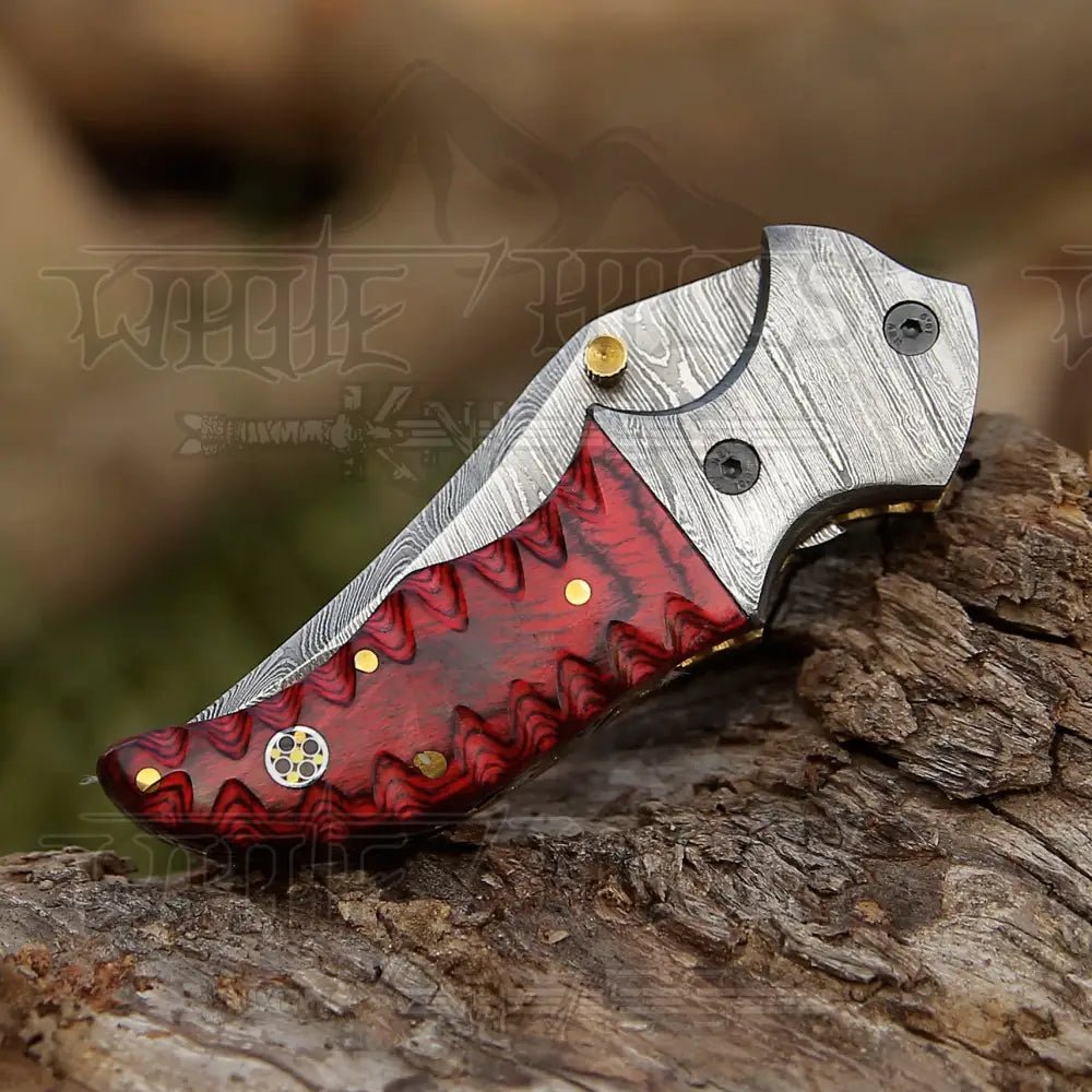 White Hills Knives 7" Handmade Forged Damascus Pocket Folding Knife - Red Pakka Wood Handle - Damascus Bolster WH 3534 - Angler's Pro Tackle & Outdoors
