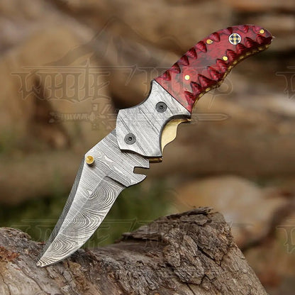 White Hills Knives 7" Handmade Forged Damascus Pocket Folding Knife - Red Pakka Wood Handle - Damascus Bolster WH 3534 - Angler's Pro Tackle & Outdoors