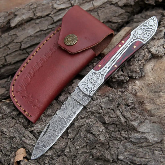 White Hills Knives 8" Handmade Red Dollar Sheet Handle Folding Pocket Knife With Engraved Frame Work - Angler's Pro Tackle & Outdoors
