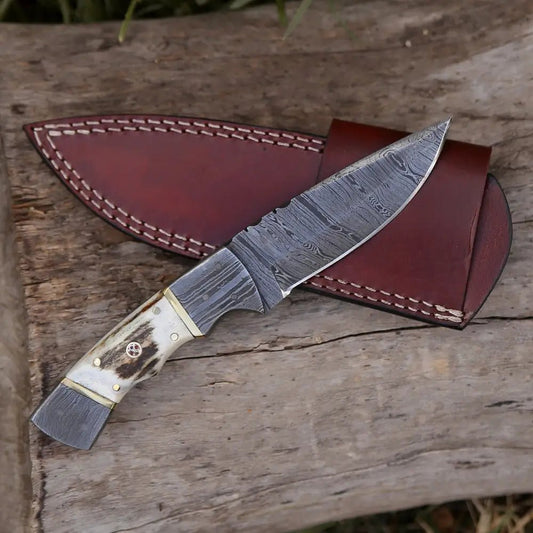 White Hills Knives 8.5” Hand Forged Damascus Steel Full Tang Skinner Knife - Stag Antler Handle - H 018 - Angler's Pro Tackle & Outdoors