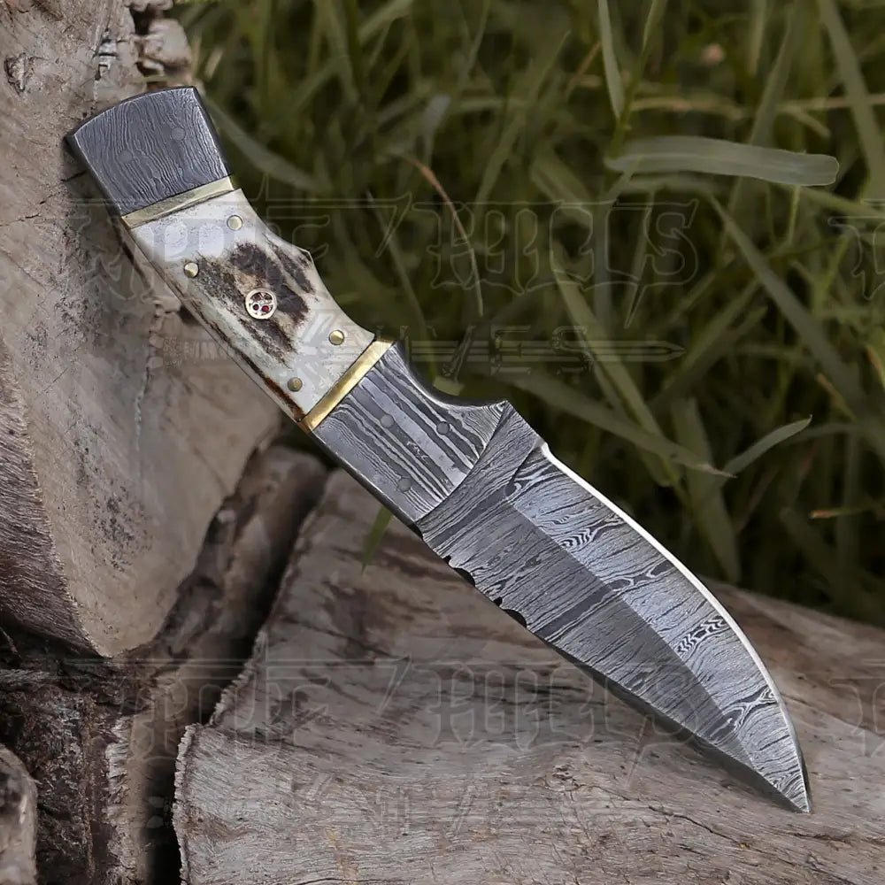 White Hills Knives 8.5” Hand Forged Damascus Steel Full Tang Skinner Knife - Stag Antler Handle - H 018 - Angler's Pro Tackle & Outdoors