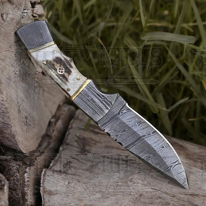 White Hills Knives 8.5” Hand Forged Damascus Steel Full Tang Skinner Knife - Stag Antler Handle - H 018 - Angler's Pro Tackle & Outdoors