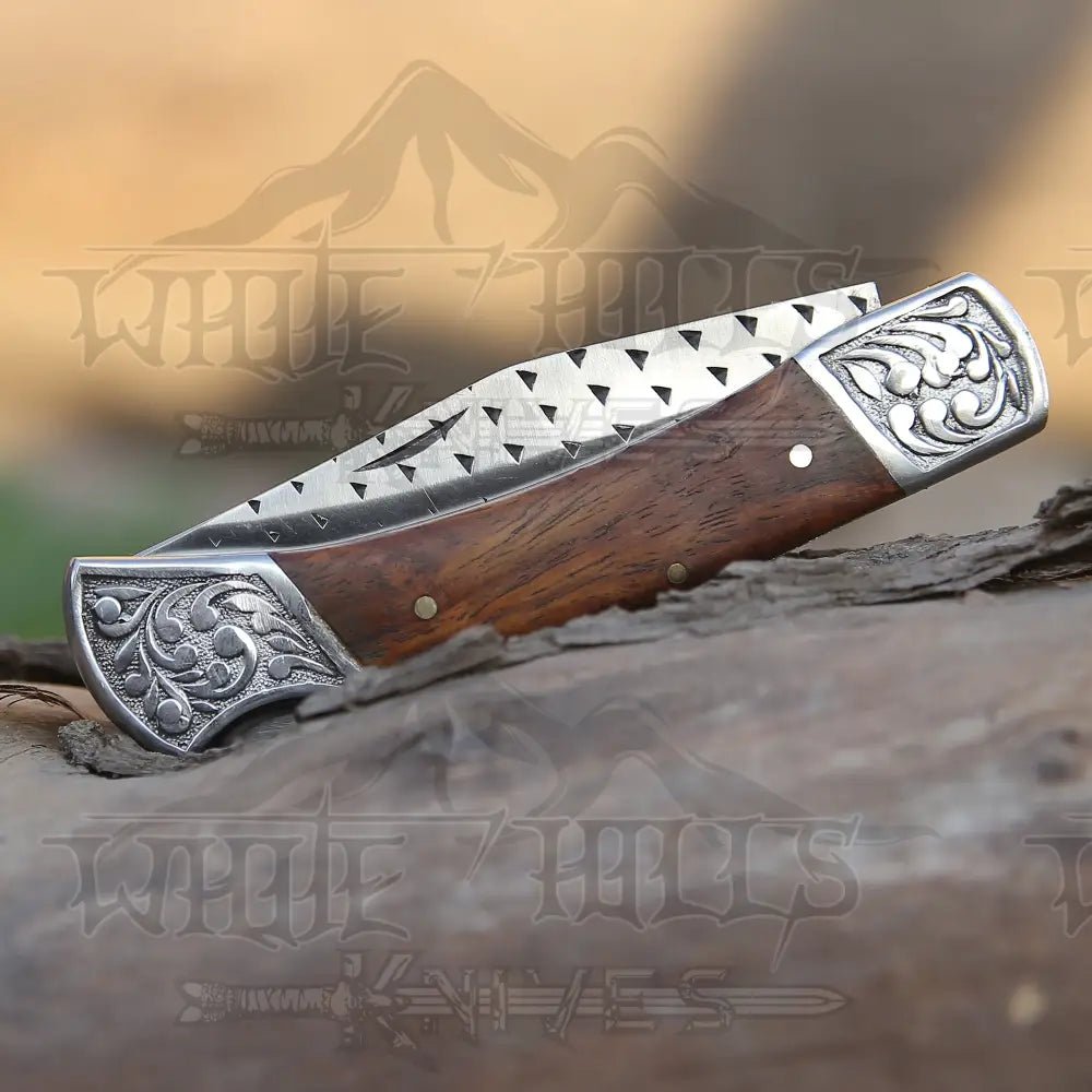 White Hills Knives 9" Handmade Engraved Bolster Pocket Knife - Pocket Folding Knife - Dark Wood Handle WH 5035 - Angler's Pro Tackle & Outdoors