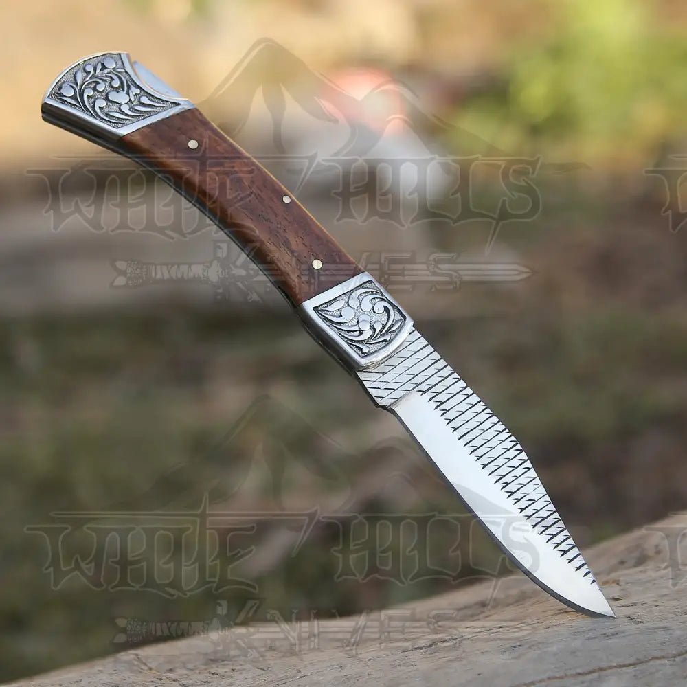 White Hills Knives 9" Handmade Engraved Bolster Pocket Knife - Pocket Folding Knife - Dark Wood Handle WH 5035 - Angler's Pro Tackle & Outdoors