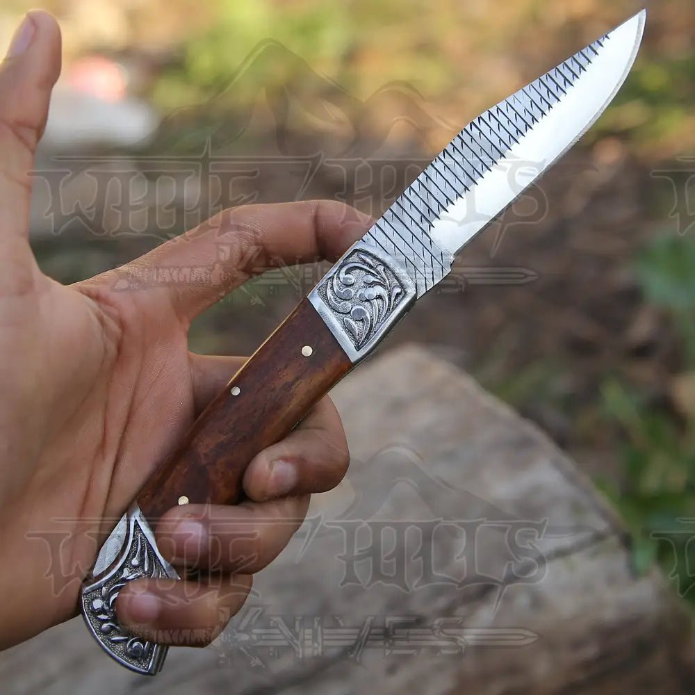 White Hills Knives 9" Handmade Engraved Bolster Pocket Knife - Pocket Folding Knife - Dark Wood Handle WH 5035 - Angler's Pro Tackle & Outdoors
