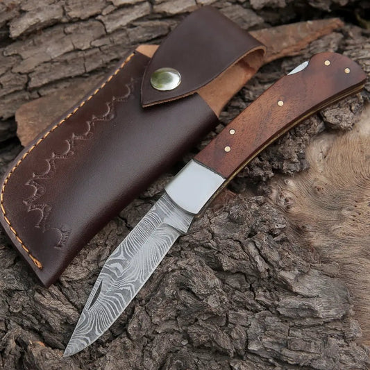 White Hills Knives Back Lock 9" Handmade Damascus Steel Pocket Knife Dark Wood Handle Steel clips Folding Knife - Angler's Pro Tackle & Outdoors