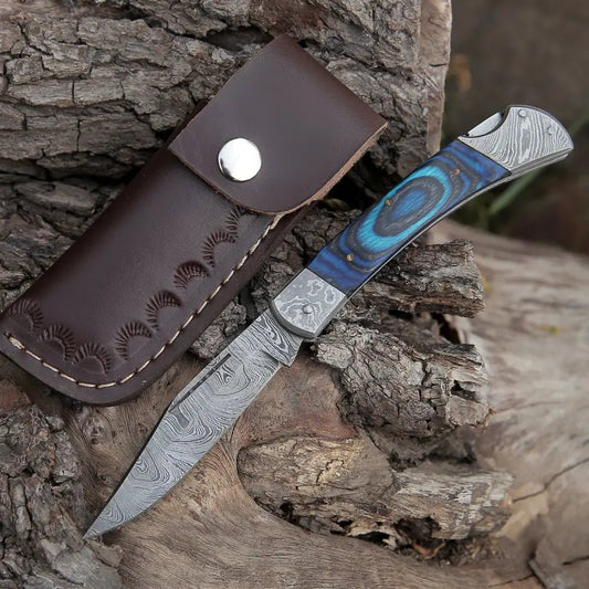 White Hills Knives Back Lock 9" Handmade Damascus Steel Pocket Knife Pakka Wood Handle Folding Knife WH 5010 - Angler's Pro Tackle & Outdoors