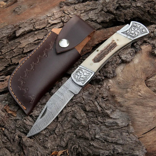 White Hills Knives Back Lock 9" Handmade Damascus Steel Pocket Knife Stag Antler Handle Engraved clips Folding Knife - Angler's Pro Tackle & Outdoors