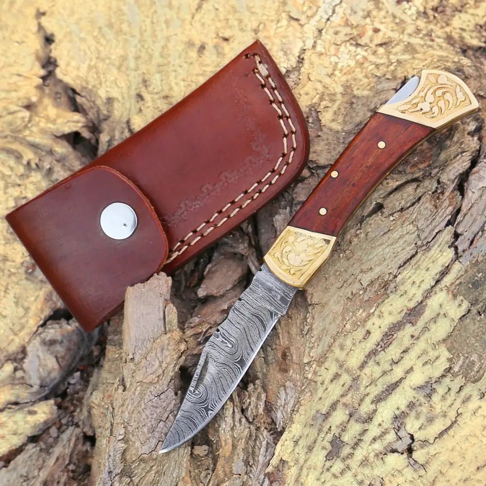 White Hills Knives Custom Hand Forged Damascus Folding Knife Engraved Bolster With Rose Wood Handle WH 1559 - Angler's Pro Tackle & Outdoors