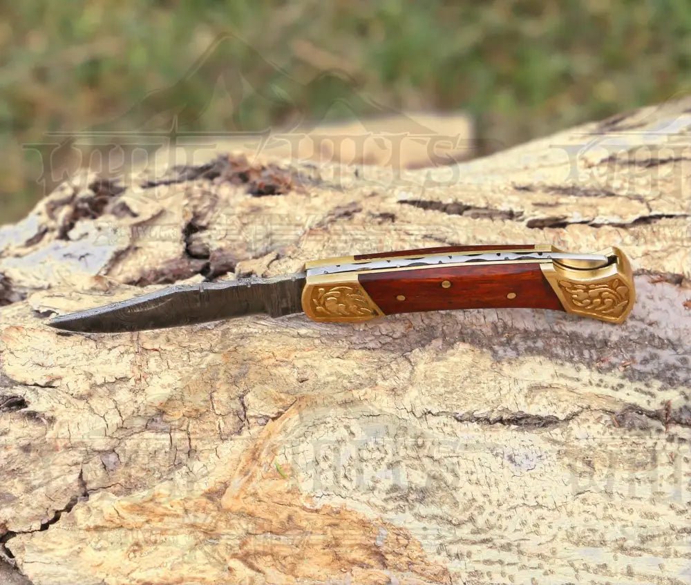 White Hills Knives Custom Hand Forged Damascus Folding Knife Engraved Bolster With Rose Wood Handle WH 1559 - Angler's Pro Tackle & Outdoors