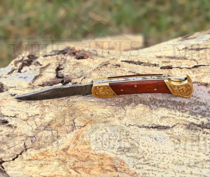 White Hills Knives Custom Hand Forged Damascus Folding Knife Engraved Bolster With Rose Wood Handle WH 1559 - Angler's Pro Tackle & Outdoors