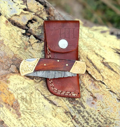 White Hills Knives Custom Hand Forged Damascus Folding Knife Engraved Bolster With Rose Wood Handle WH 1559 - Angler's Pro Tackle & Outdoors