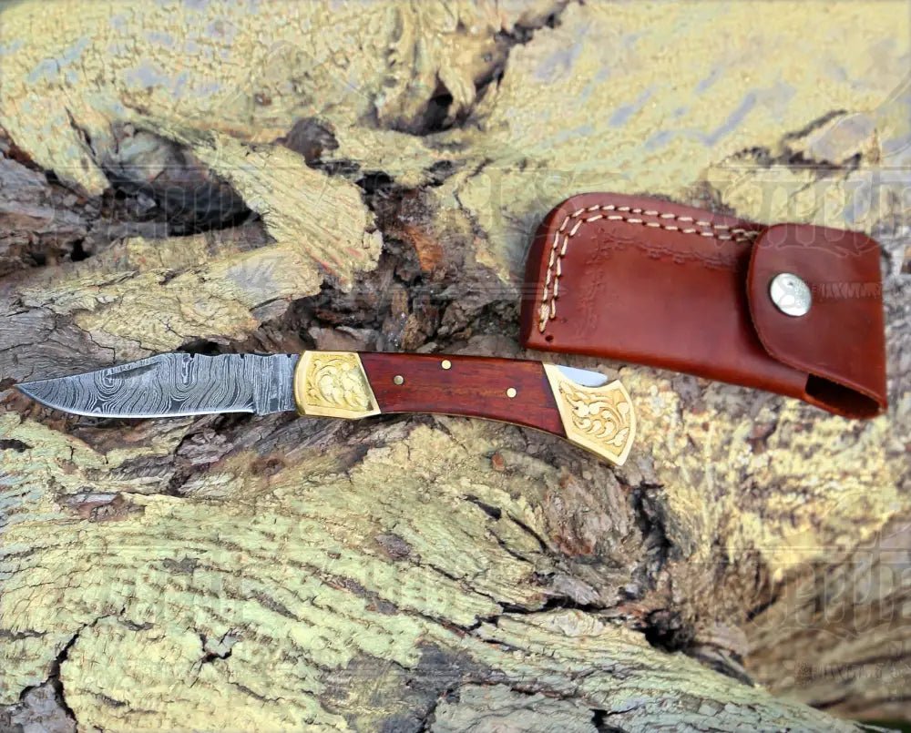 White Hills Knives Custom Hand Forged Damascus Folding Knife Engraved Bolster With Rose Wood Handle WH 1559 - Angler's Pro Tackle & Outdoors