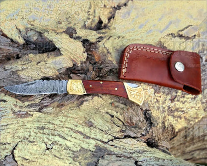 White Hills Knives Custom Hand Forged Damascus Folding Knife Engraved Bolster With Rose Wood Handle WH 1559 - Angler's Pro Tackle & Outdoors