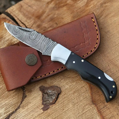 White Hills Knives Custom Hand Forged Damascus Folding Knife With Bull Horn & Steel Bolster WH 1668 - Angler's Pro Tackle & Outdoors