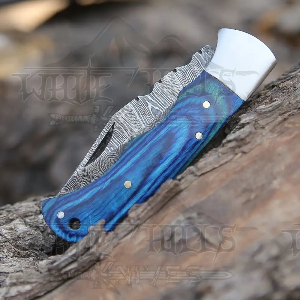 White Hills Knives Custom Hand Forged Damascus Folding Knife With Steel Bolster & Stained Wood Handle WH 141 - Angler's Pro Tackle & Outdoors