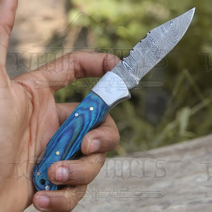 White Hills Knives Custom Hand Forged Damascus Folding Knife With Steel Bolster & Stained Wood Handle WH 141 - Angler's Pro Tackle & Outdoors