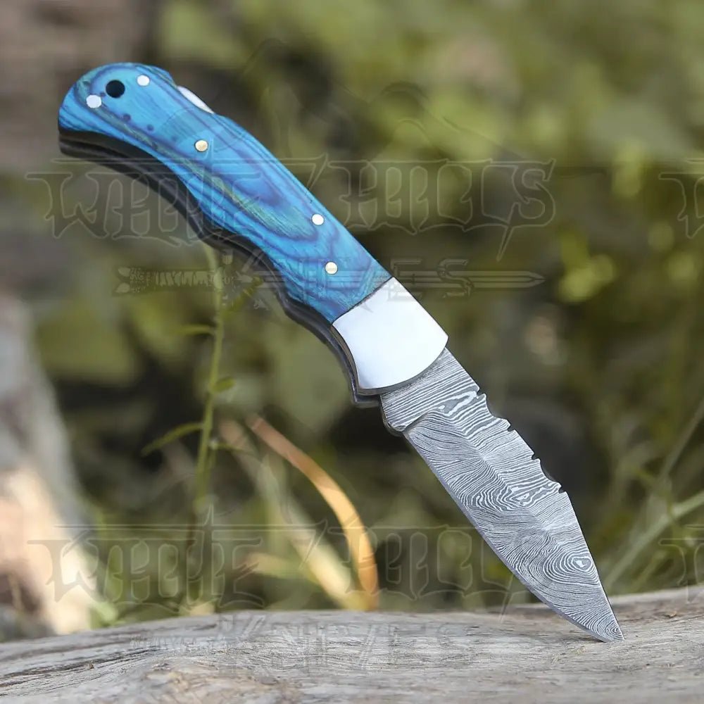 White Hills Knives Custom Hand Forged Damascus Folding Knife With Steel Bolster & Stained Wood Handle WH 141 - Angler's Pro Tackle & Outdoors