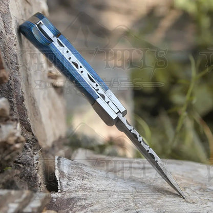 White Hills Knives Custom Hand Forged Damascus Folding Knife With Steel Bolster & Stained Wood Handle WH 141 - Angler's Pro Tackle & Outdoors