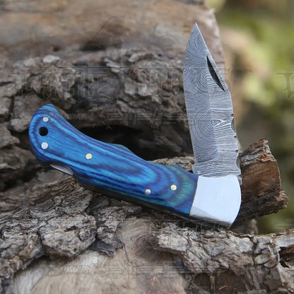 White Hills Knives Custom Hand Forged Damascus Folding Knife With Steel Bolster & Stained Wood Handle WH 141 - Angler's Pro Tackle & Outdoors