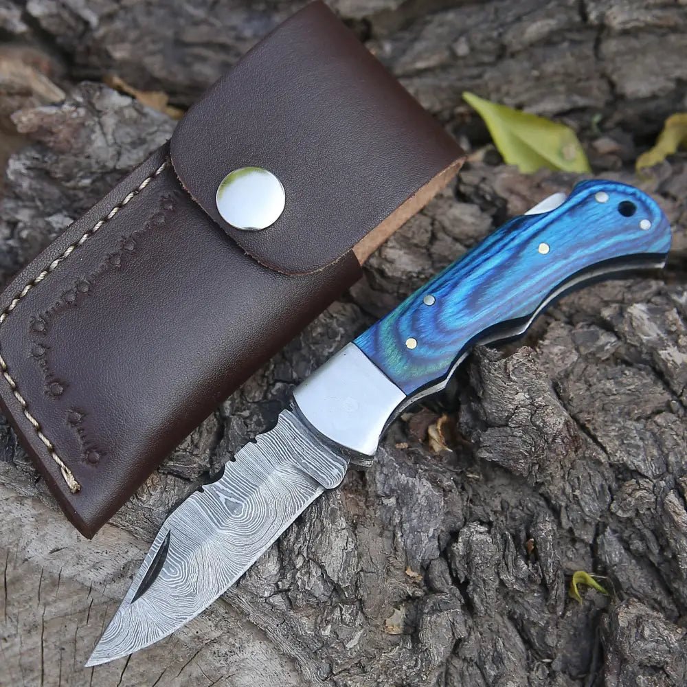 White Hills Knives Custom Hand Forged Damascus Folding Knife With Steel Bolster & Stained Wood Handle WH 141 - Angler's Pro Tackle & Outdoors
