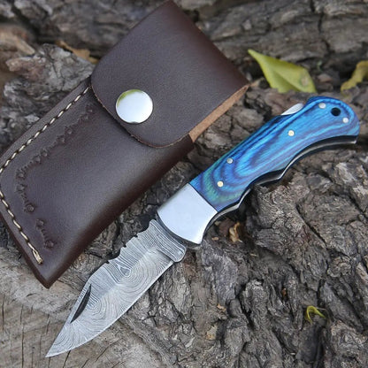White Hills Knives Custom Hand Forged Damascus Folding Knife With Steel Bolster & Stained Wood Handle WH 141 - Angler's Pro Tackle & Outdoors
