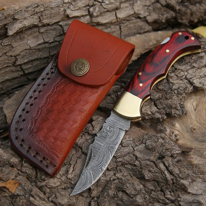 White Hills Knives Custom Hand Forged Damascus Steel Folding Knife Stained Wood Handle WH 1255 - Angler's Pro Tackle & Outdoors