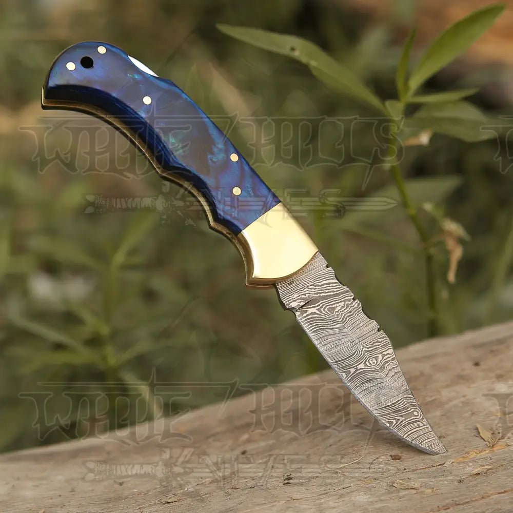 White Hills Knives Custom Hand Forged Damascus Steel Folding Knife Stained Wood Handle WH 1255 - Angler's Pro Tackle & Outdoors