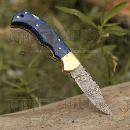White Hills Knives Custom Hand Forged Damascus Steel Folding Knife Stained Wood Handle WH 1255 - Angler's Pro Tackle & Outdoors