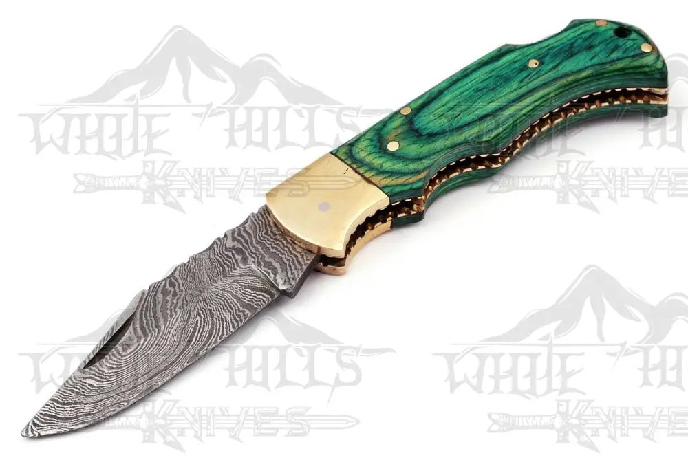 White Hills Knives Custom Hand Forged Damascus Steel Folding Knife Stained Wood Handle WH 1255 - Angler's Pro Tackle & Outdoors