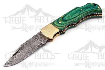 White Hills Knives Custom Hand Forged Damascus Steel Folding Knife Stained Wood Handle WH 1255 - Angler's Pro Tackle & Outdoors