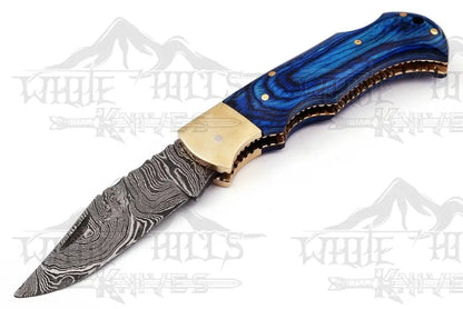 White Hills Knives Custom Hand Forged Damascus Steel Folding Knife Stained Wood Handle WH 1255 - Angler's Pro Tackle & Outdoors