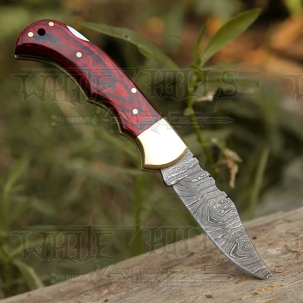 White Hills Knives Custom Hand Forged Damascus Steel Folding Knife Stained Wood Handle WH 1255 - Angler's Pro Tackle & Outdoors