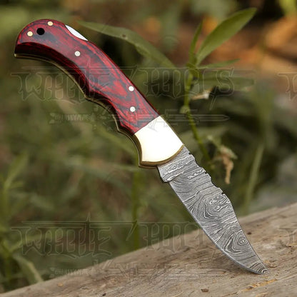 White Hills Knives Custom Hand Forged Damascus Steel Folding Knife Stained Wood Handle WH 1255 - Angler's Pro Tackle & Outdoors