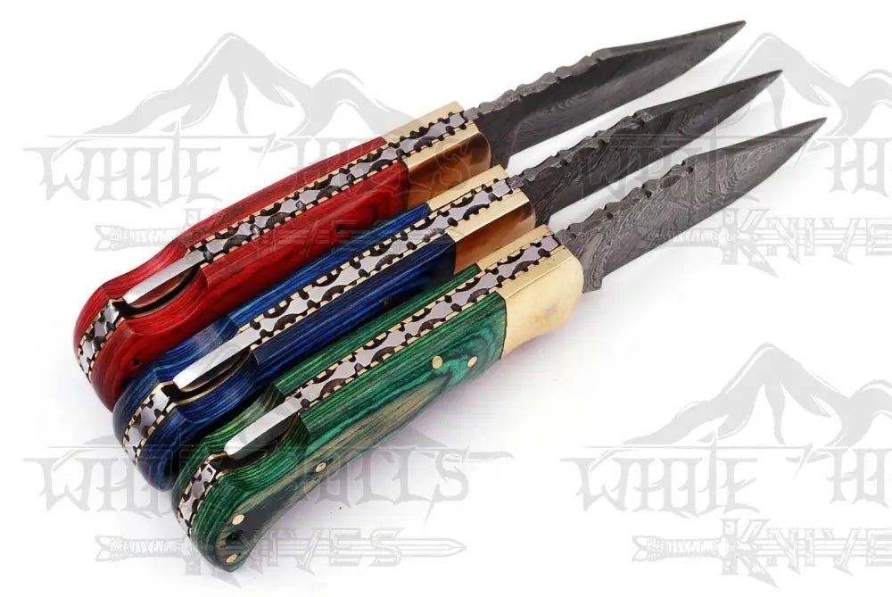 White Hills Knives Custom Hand Forged Damascus Steel Folding Knife Stained Wood Handle WH 1255 - Angler's Pro Tackle & Outdoors