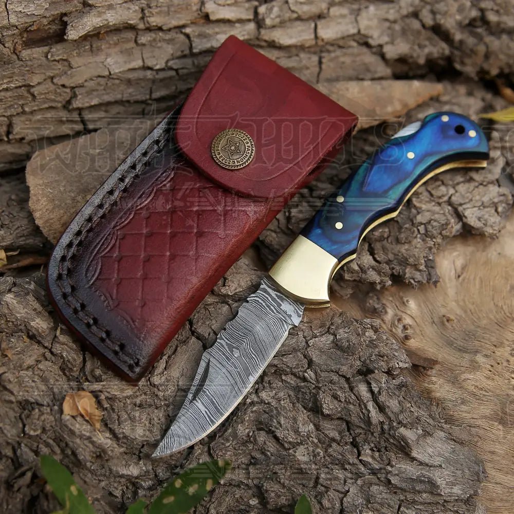 White Hills Knives Custom Hand Forged Damascus Steel Folding Knife Stained Wood Handle WH 1255 - Angler's Pro Tackle & Outdoors