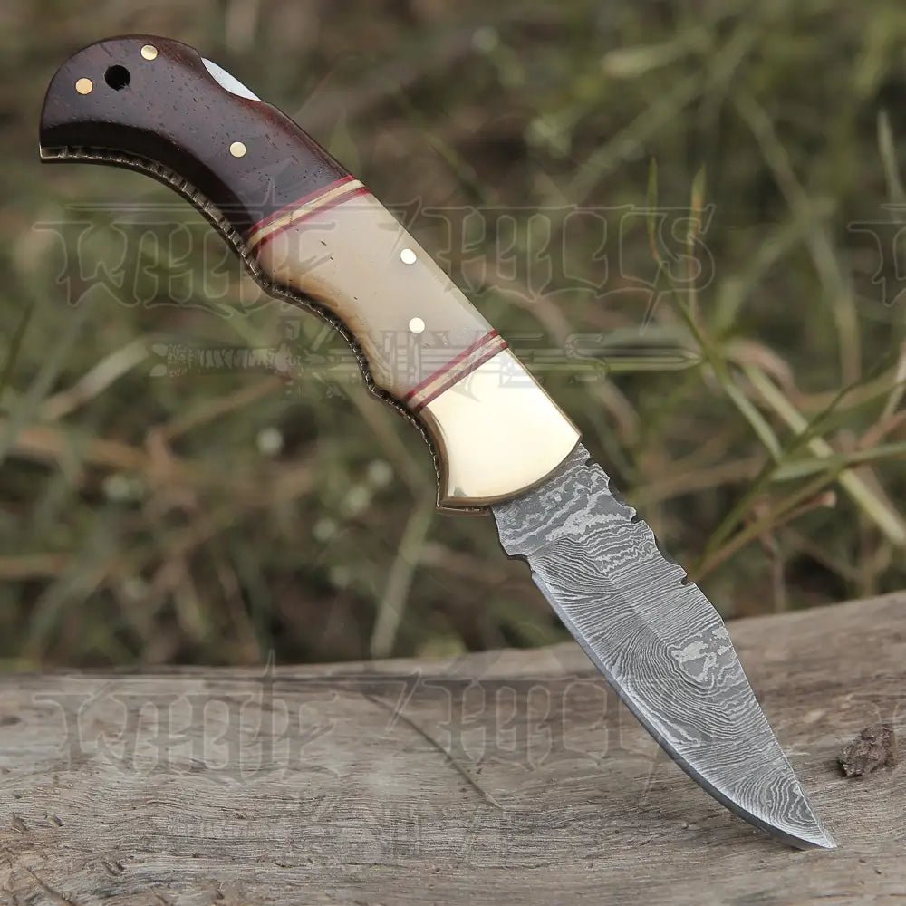 White Hills Knives Custom Hand Forged Damascus Steel Folding Knife W/ Rose Wood & Bone Handle WH 1280 - Angler's Pro Tackle & Outdoors