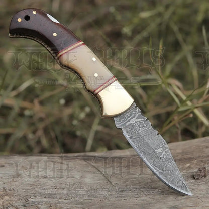White Hills Knives Custom Hand Forged Damascus Steel Folding Knife W/ Rose Wood & Bone Handle WH 1280 - Angler's Pro Tackle & Outdoors