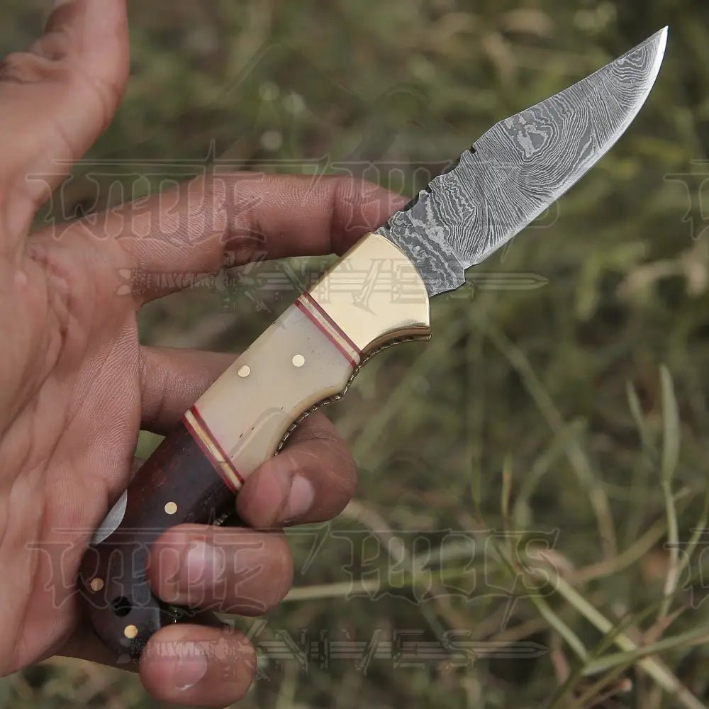 White Hills Knives Custom Hand Forged Damascus Steel Folding Knife W/ Rose Wood & Bone Handle WH 1280 - Angler's Pro Tackle & Outdoors