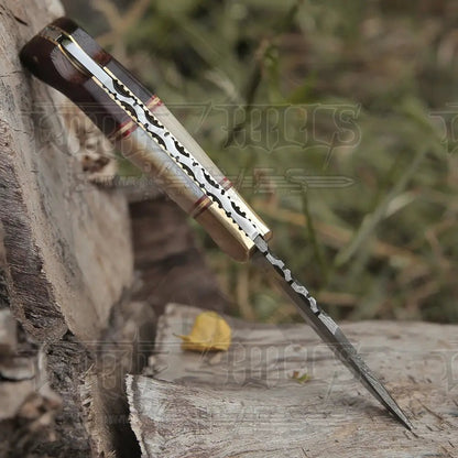 White Hills Knives Custom Hand Forged Damascus Steel Folding Knife W/ Rose Wood & Bone Handle WH 1280 - Angler's Pro Tackle & Outdoors