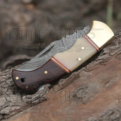 White Hills Knives Custom Hand Forged Damascus Steel Folding Knife W/ Rose Wood & Bone Handle WH 1280 - Angler's Pro Tackle & Outdoors