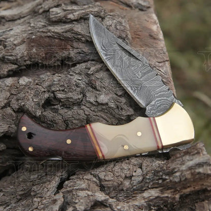 White Hills Knives Custom Hand Forged Damascus Steel Folding Knife W/ Rose Wood & Bone Handle WH 1280 - Angler's Pro Tackle & Outdoors