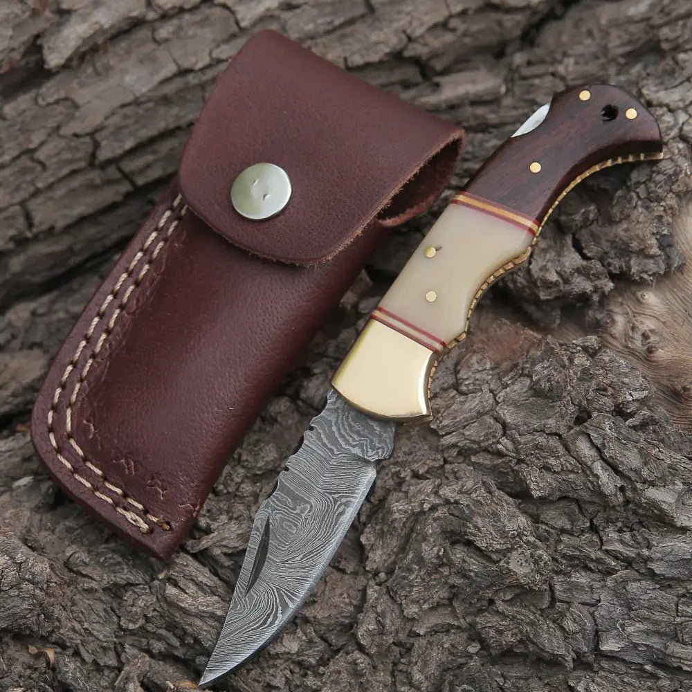 White Hills Knives Custom Hand Forged Damascus Steel Folding Knife W/ Rose Wood & Bone Handle WH 1280 - Angler's Pro Tackle & Outdoors