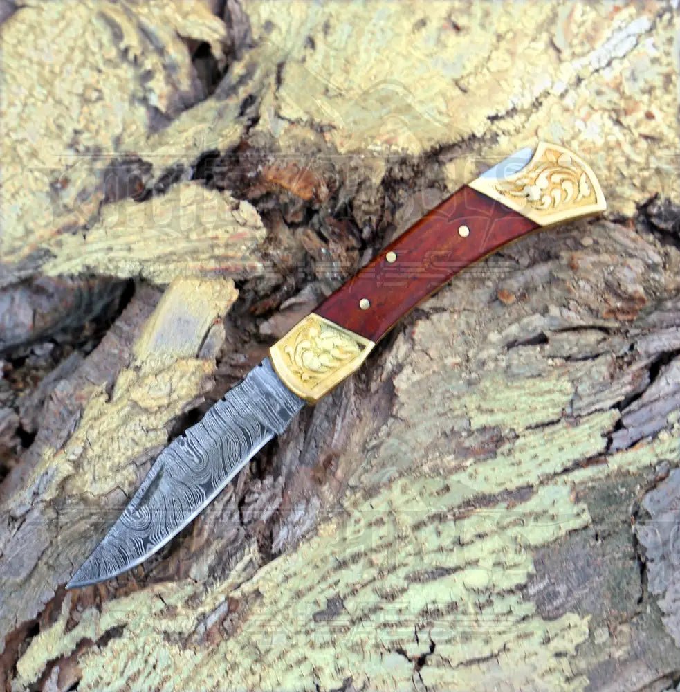White Hills Knives Custom Hand Made Damascus Steel Hunting Folding Knife With Brass Bolster & Stained Wood Handle WH 2597 - Angler's Pro Tackle & Outdoors