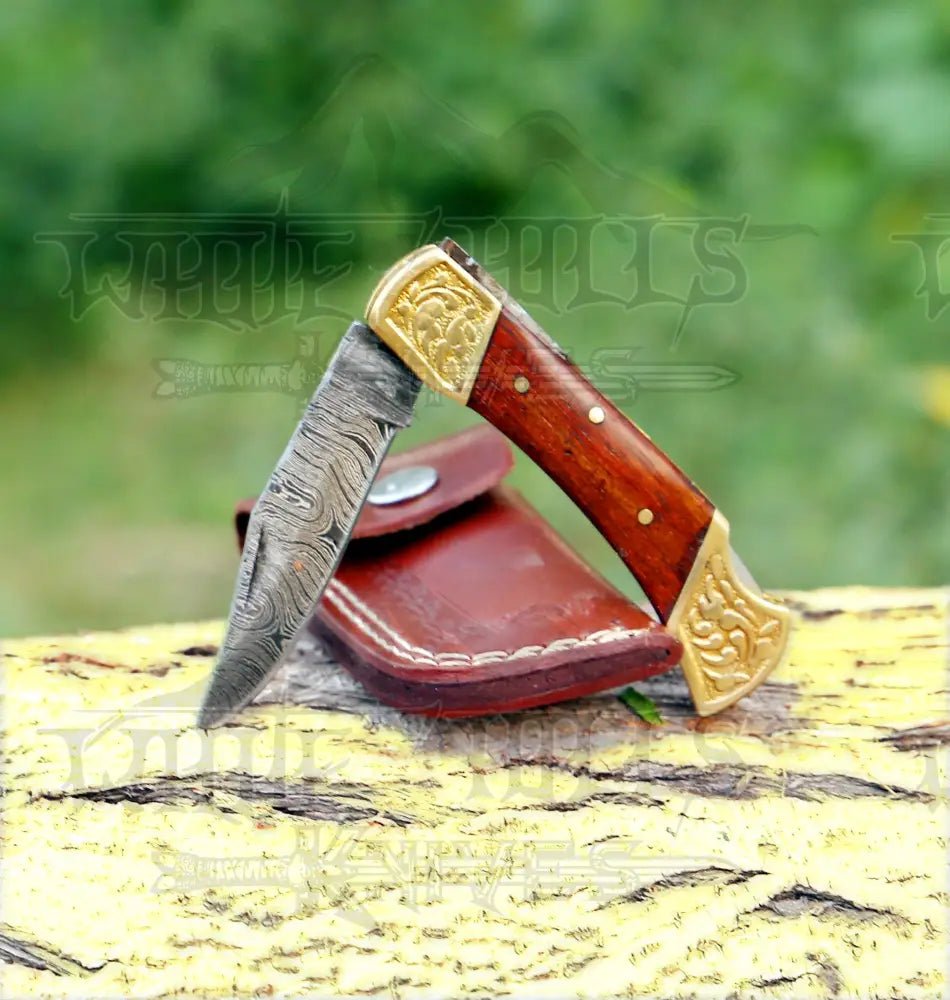 White Hills Knives Custom Hand Made Damascus Steel Hunting Folding Knife With Brass Bolster & Stained Wood Handle WH 2597 - Angler's Pro Tackle & Outdoors