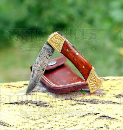 White Hills Knives Custom Hand Made Damascus Steel Hunting Folding Knife With Brass Bolster & Stained Wood Handle WH 2597 - Angler's Pro Tackle & Outdoors