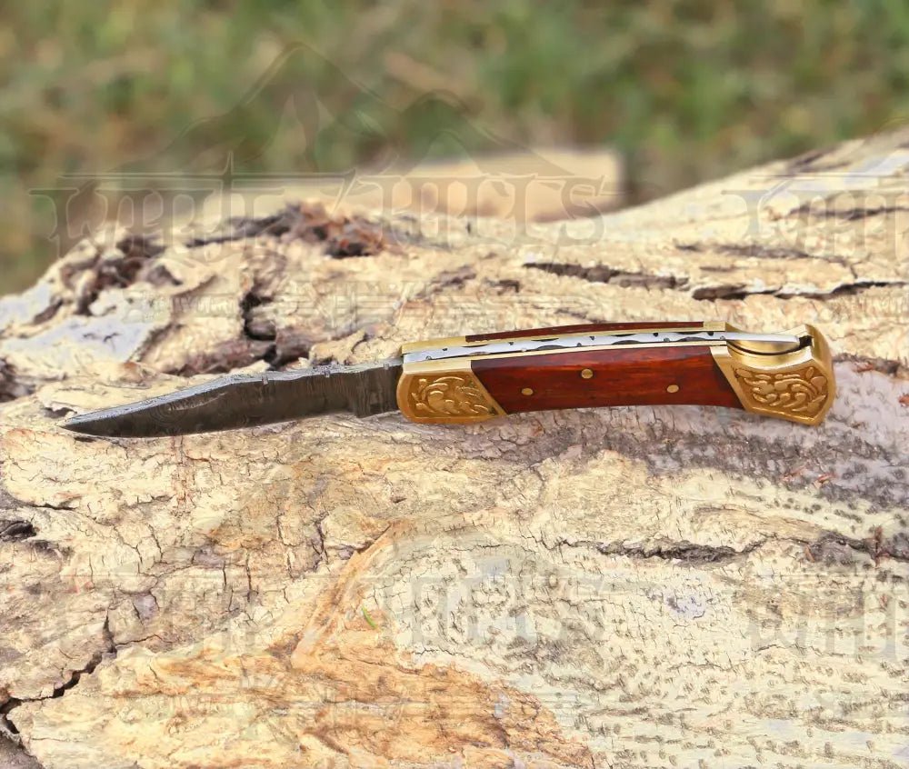 White Hills Knives Custom Hand Made Damascus Steel Hunting Folding Knife With Brass Bolster & Stained Wood Handle WH 2597 - Angler's Pro Tackle & Outdoors